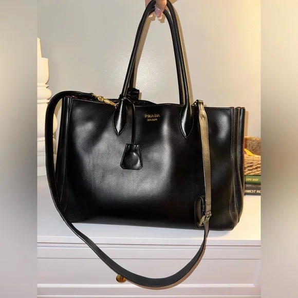 Prada Bibliothèque Leather Tote Black and Red 2-way Shoulder Bag - Picture 5 of 13